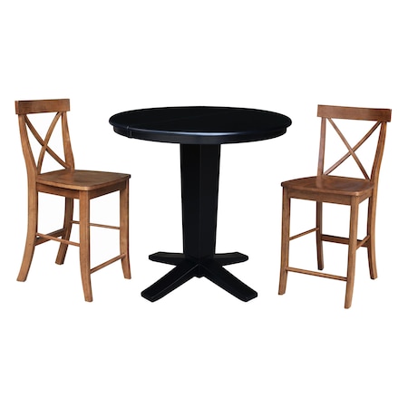 International Concepts 36 in. Solid Wood Round Extension Dining Table with 2 Counter Height Stools in Black/Distressed Oak K46-36RXT-23S4261322